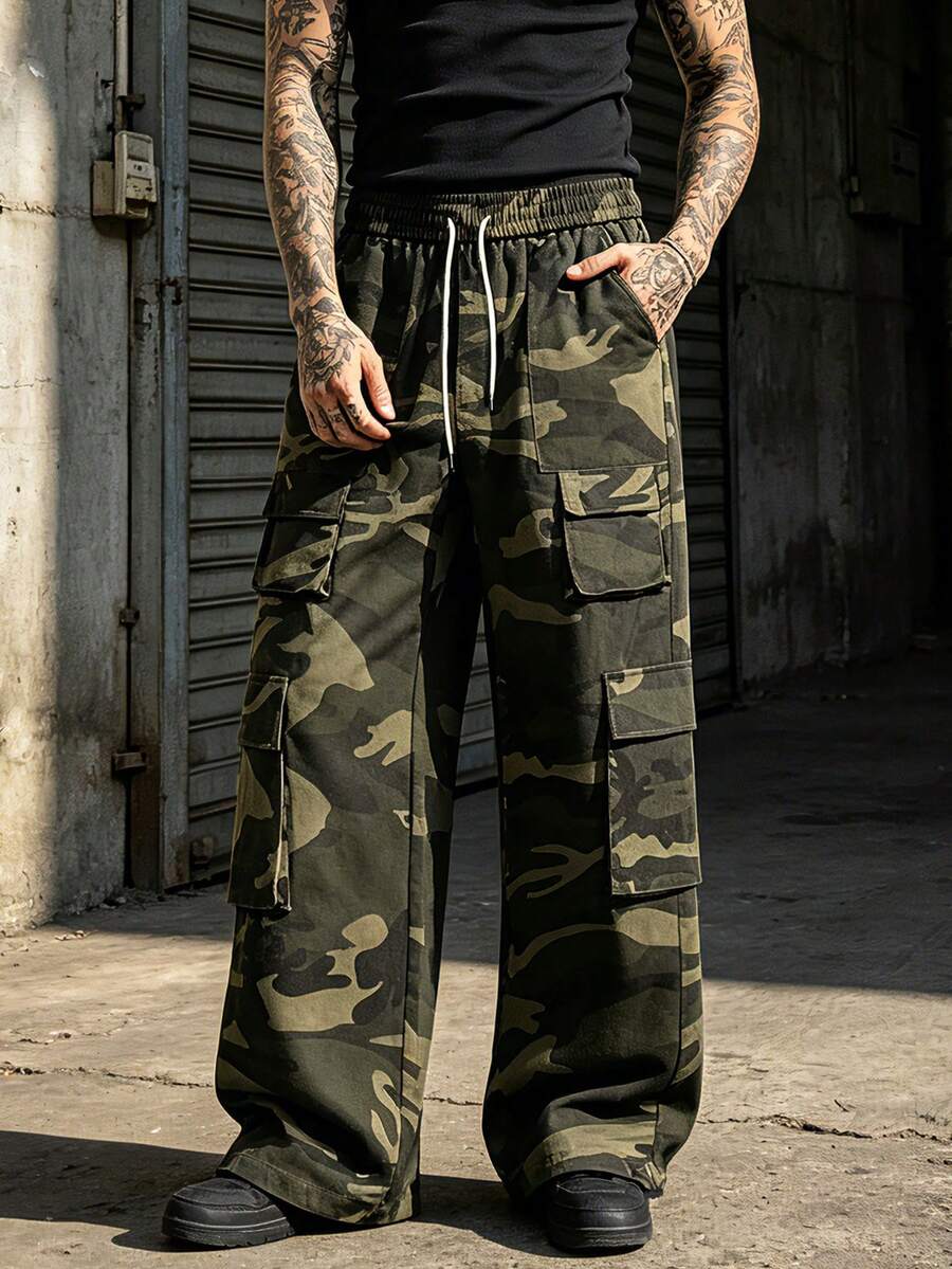 Men's Spring/Autumn Outdoor Workwear Camouflage Straight Leg Casual Pants, Street Vintage Fashion Versatile, Adjustable Elastic Cuffs - Army Green - View 1