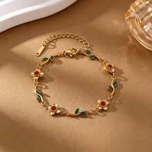 1 pieza Nuevo brazalete de moda fresca con pequeña flor & hoja verde, accesorio de mujer de acero inoxidable chapado en oro de 18K, adecuado para uso diario y ocasiones festivas - Multicolor - Ver 7