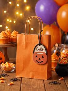 Customized Name Wooden Halloween Pumpkin Bucket Pendant (Pendant Only) - Personalized Children's Halloween Tag, Parenting Bag Charm, No Cushion, Baby Gift, Autumn Halloween Wooden Pumpkin Decor, With Rope, Pumpkin, Skull, Ghost, And Farmhouse Style Multi-Layer Hanging Decoration, Suitable For Autumn, Party Decoration - Multicolor - View 6