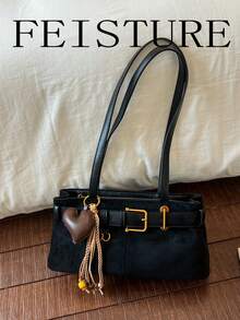 FEISTURE 1件裝時尚麂皮女款腋下肩背包，配有肩帶裝飾與心形結飾吊飾，適合日常出遊、約會與通勤 - 黑色 - 查看 8