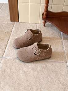 Children's Matte Rhinestone Casual Loafers, Girls' Metal Buckle Soft Sole Retro Slip-On Shoes - Khaki - View 5
