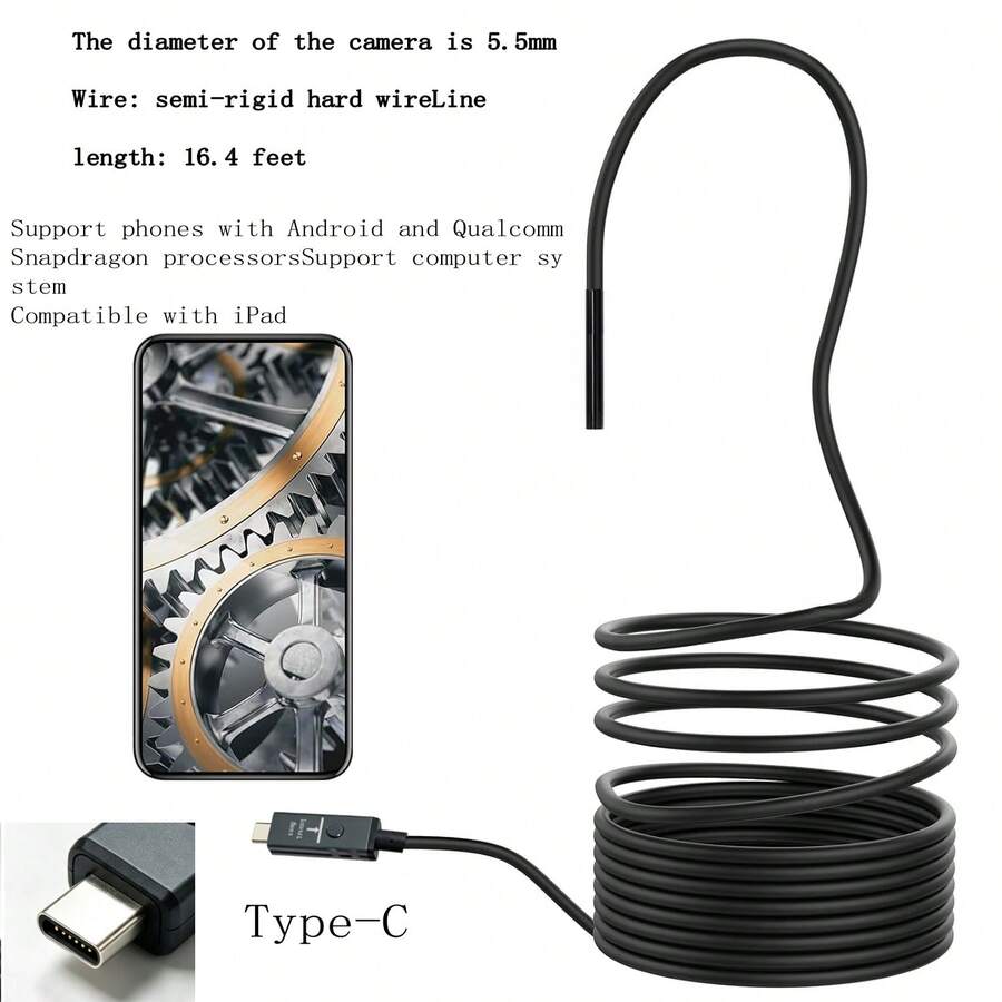 Endoskop 5,5mm, Kamera Inspeksi Boreskop HD 1920P dengan Lampu | Kamera Ular untuk iPad & Android, Kabel Fleksibel 16,4 Kaki, Tahan Air IP67, Untuk Mekanik Otomotif HVAC, Peralatan untuk Pria - Kabel keras semi-kaku - 16,4 kaki - View 1