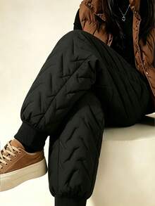 Women's Quilted Thermal Pants, Casual Elastic Waist Drawstring Windproof Pants With Fleece Lined - Black - View 2