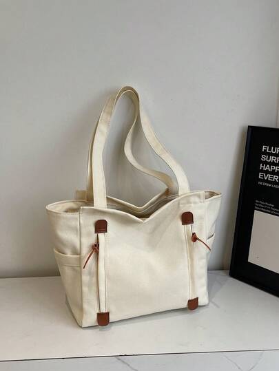 Women's Canvas Tote Bag With Multiple Pockets, Shoulder Bag, Shopping Handbag, Office Backpack