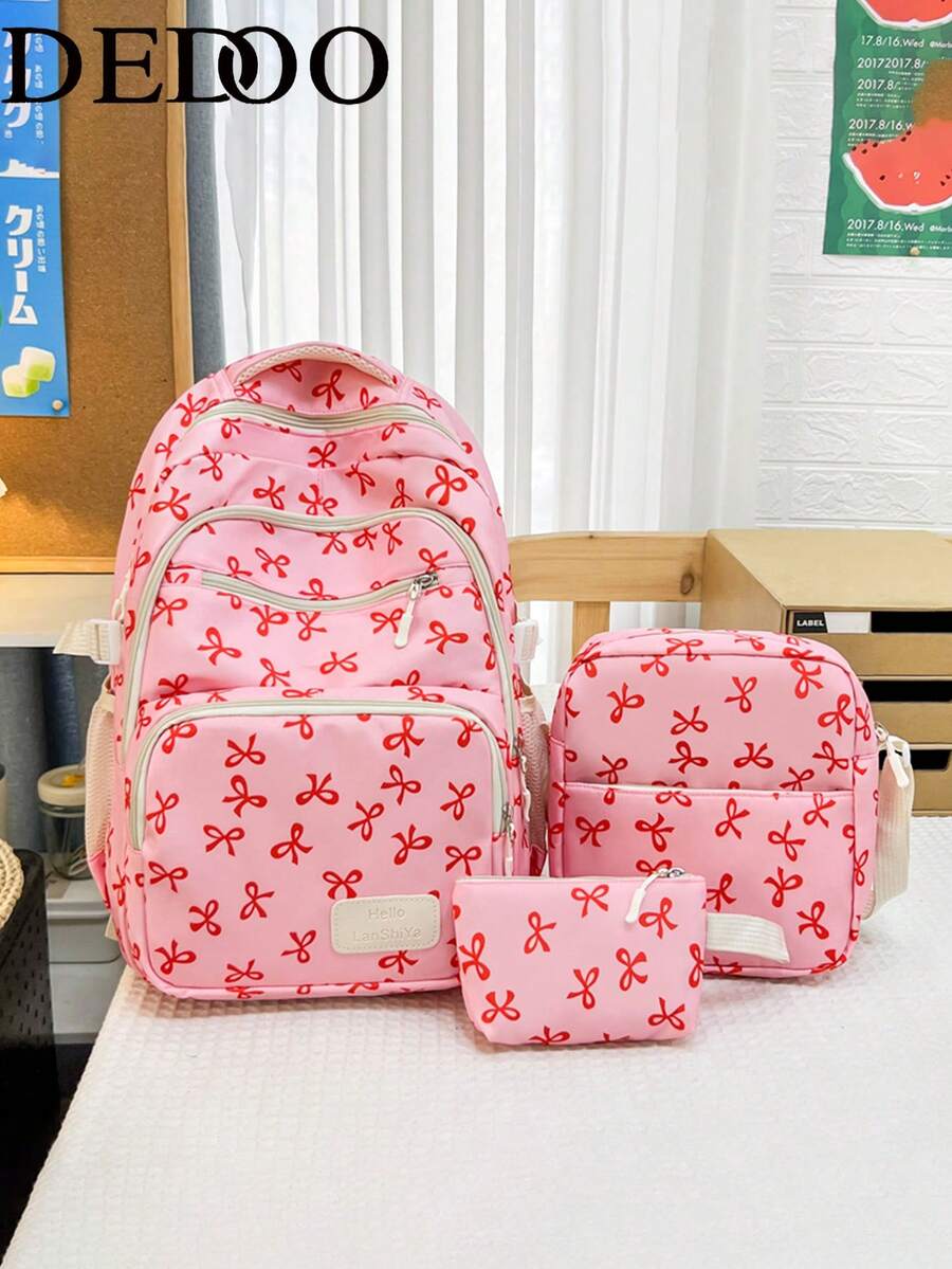 Dedoo 3-Piece Backpack Set, Bow Print, Multi-Pocket Design, Large Capacity, Sweet And Cute Style, Suitable For College Students' Daily Campus Learning