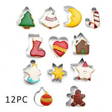Christmas Cookie Cutter Set, 12pcs Stainless Steel Winter Christmas Cookie Cutter Shapes - Christmas Tree, Snowflake, Moon, Gingerbread Man, Gingerbread Girl, Bell, House, Five-Point Star, Heart, Boot, Candy Cane, Colorful Ball Stainless Steel Cookie Cutter - View 12
