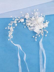 KOVLYNE 1pc Elegant White Floral Bridal Hair Accessory With Bow, Rhinestones And Faux Pearls, Suitable For Bride, Bridesmaid, Prom And Formal Occasions - Silver - View 5