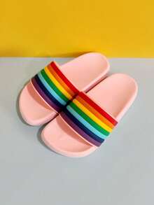 1 Pair Children's Multi-Color Patchwork Minimalist Flat Slippers, Suitable For Indoor/Outdoor Wear, Pool, Beach, Vacation, Summer - Pink - View 13