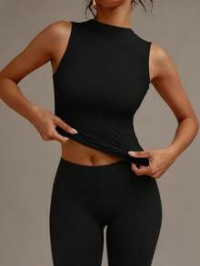 XLLAIS Crew Neck Sleeveless Solid Color Undershirt, Double-Layer Stretchy Slim Fit T-Shirt Casual Black Summer, Everyday Wear - Black - View 8