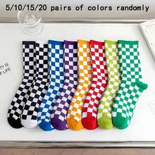 5 Pairs Unisex Plaid Mid-Calf Socks, Random Assortment, Minimalist Fashion Vintage, Soft & Comfortable, Casual Versatile, Suitable For Daily Home Wear, Autumn/Winter Essential - Multicolor - View 11
