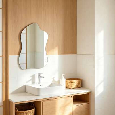 1 stuk asymmetrische zwarte golvende wandspiegel, geschikt voor badkamer, slaapkamer, entree, woonkamer wanddecoratie
