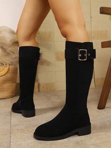 New Vintage Suede Leather Belt Buckle Knee-High Chunky Heel Round Toe Riding Boots For Women - Black - View 4