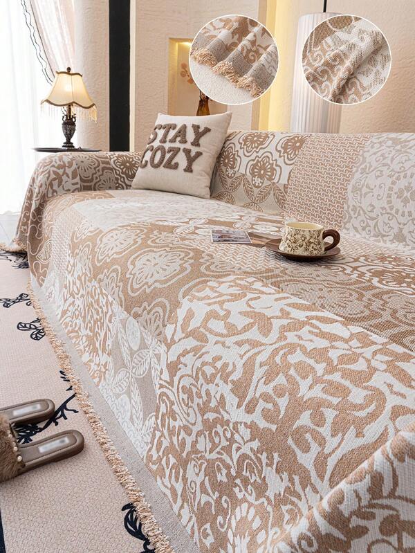 1pc Boho Floral Patchwork Fringe Sofa Throw, Multi-Purpose Decorative Couch Cover, Washable Pet Friendly Sofa Slipcover