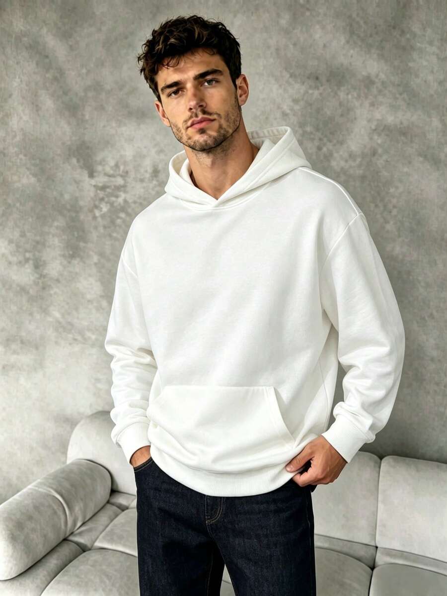 Men Classic Solid Color Hooded Sweatshirt Loose Fit Kangaroo Pocket Long Sleeve Hoodie Daily Basic Streetwear Pullover - White - View 1