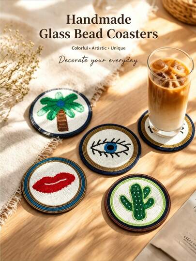 Bohemian Handmade Bead Round Coaster, Evil Eye Lips Cactus Palm Tree Pattern Decorative Drink Cup Mat, Heat Resistant Waterproof Table Protector For Coffee Tea Mug Home Kitchen Cafe Desktop Decor