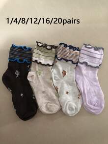 1/4/8/12/16/20 Pairs Spring/Summer Thin Korean Japanese Vintage Breathable Mesh Patchwork Frill Trim Mid-Calf Slouch Socks - Multicolor - View 7