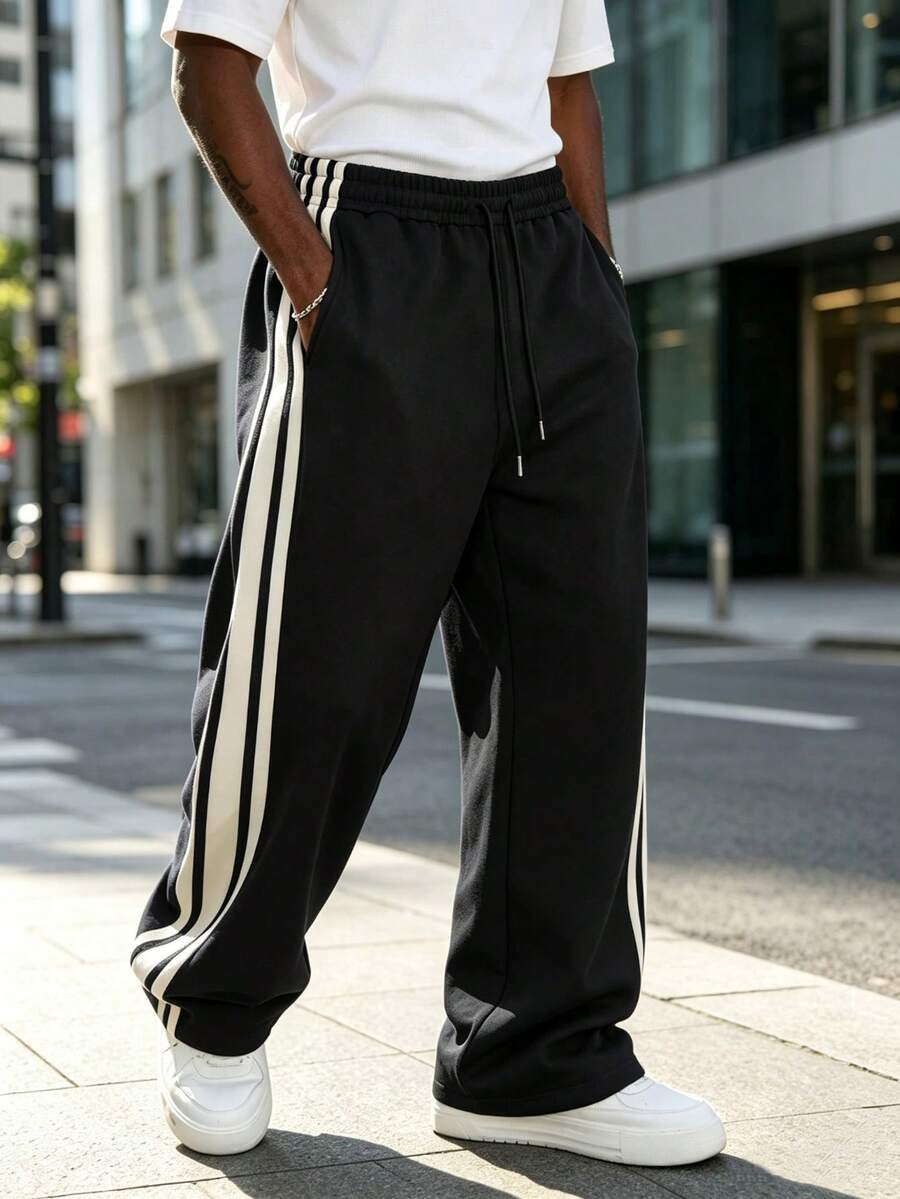 Men's Casual Commuter Pants, Breathable Striped Drawstring Slim Fit Trousers For Outdoor, Running, Sports Black - Black - View 1