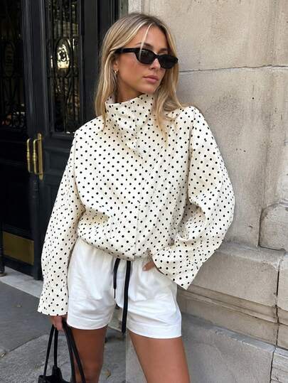 Women's Autumn/Winter Polka Dot Jacket, Short Bomber Jacket, Ladies Outerwear, Long Sleeve Top, Zip-Up Jacket, Women's Spring/Autumn Short Jacket, New Street Style Zip-Up Short Jacket