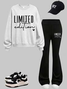 2pcs/Set Girls Round Neck English Letter Print Sweatshirt With Simple Casual Flare Pants, New Autumn/Winter Comfortable Girls Outfit - Light Grey - View 2