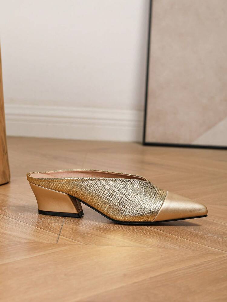 Women's Pointed Toe Patchwork Design Mule Chunky Heel Shoes Elegant Comfortable Versatile Gold High Heels Open Back - Gold - View 5