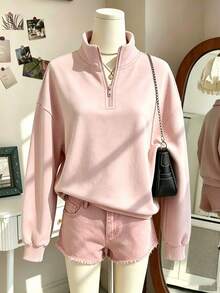 Teen Girls Solid Color Long Sleeve Zip-Up Loose Casual Sweatshirt - Pink - View 1
