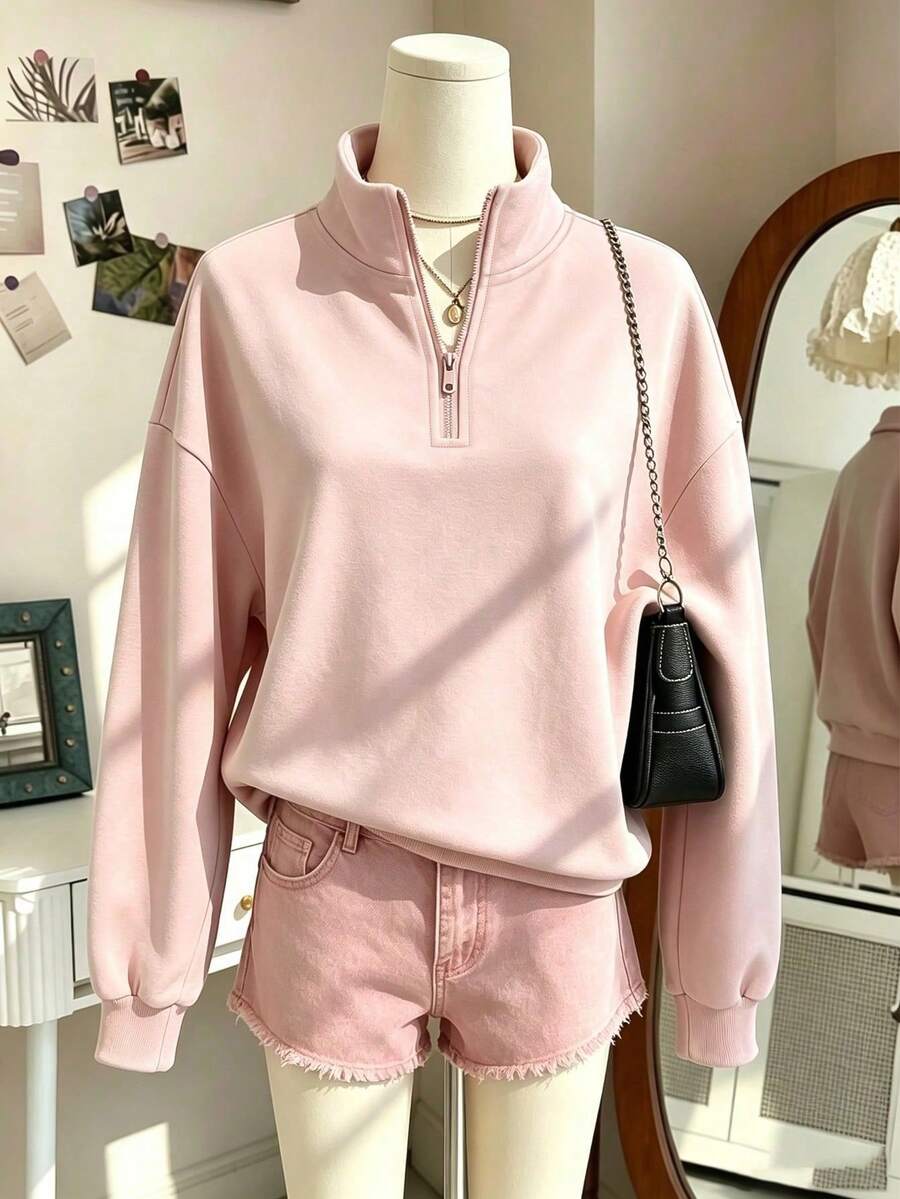 Teen Girls Solid Color Long Sleeve Zip-Up Loose Casual Sweatshirt - Pink - View 1