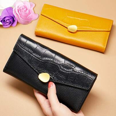 Cartera larga de cuero genuino amarillo