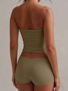 XLLAIS Sexy Strapless Cropped Tank Top, Fashionable Solid Color Elastic Fitted Yoga Bandeau Bra Summer - Earth Colors - View 2
