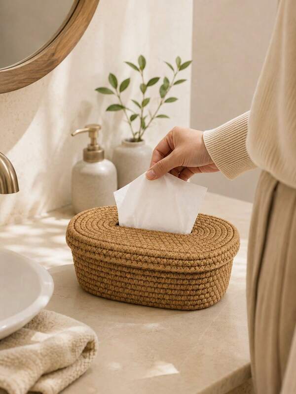 1pc Hand-Woven Cotton Rope Tissue Box, Khaki Oval Woven Tissue Storage Box, Wide Opening, Decorative Tissue Holder, Suitable For Facial Tissues, Napkins And Paper Towels, Bedroom, Bathroom, Living Room, Dining Table, Home Decor