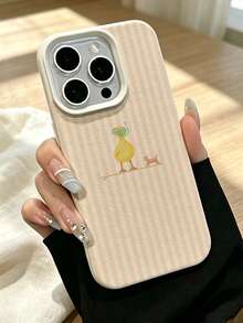 1 pieza Funda de teléfono con textura de cuero beige a rayas rosa crema con estampado de arte lineal minimalista de pato & cachorro con gafas, accesorio de teléfono estilo pastoral suave resistente a arañazos, compatible con Apple 17/16/11/12/13/14/15/15Pro/15Plus/15ProMax/7Plus/8Plus/X/XsMax/Xr/11Pro/13Pro/14Pro/11ProMax/12ProMax/13ProMax/14ProMax/14Plus/7/8/16Pro/16Plus/16ProMax/17Pro/17e/17ProMax - Multicolor - Ver 2