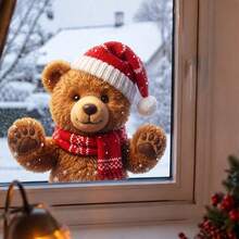 Xmas Window Decor 1/3Pcs Cute Teddy Bear Snowman Reindeer Static Window Stickers, Knit Hat Scarf Design, Reusable No Adhesive Glass Decals, Home Store Holiday Display Decor Gift - Multicolor - View 12