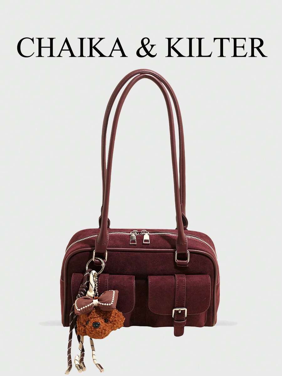CHAIKA & KILTER 1件裝 素色麂皮布料女款時尚單肩包 多口袋大容量波士頓保齡球包 拉鍊開合 適合日常與外出使用（附吊飾）