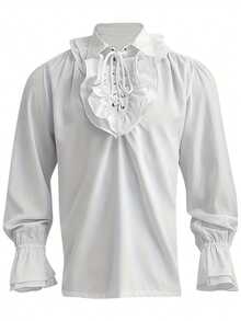 Men's Solid Color Medieval Retro Style Lace-Up Long Sleeve Ruffle Top For Cocktail Party - White - View 3