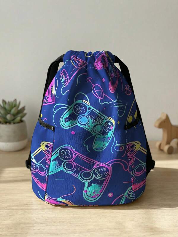 1pc Drawstring Backpack, Multi-Scenario Universal, Extra Large Capacity, Ultra-Lightweight & Portable, Durable, Foldable Storage Bag, Cartoon Game Console Print Pattern Drawstring Fitness Sports Backpack, Dust-Proof Storage, Suitable For Outdoor Travel, Fitness, Daily Commute And School Use