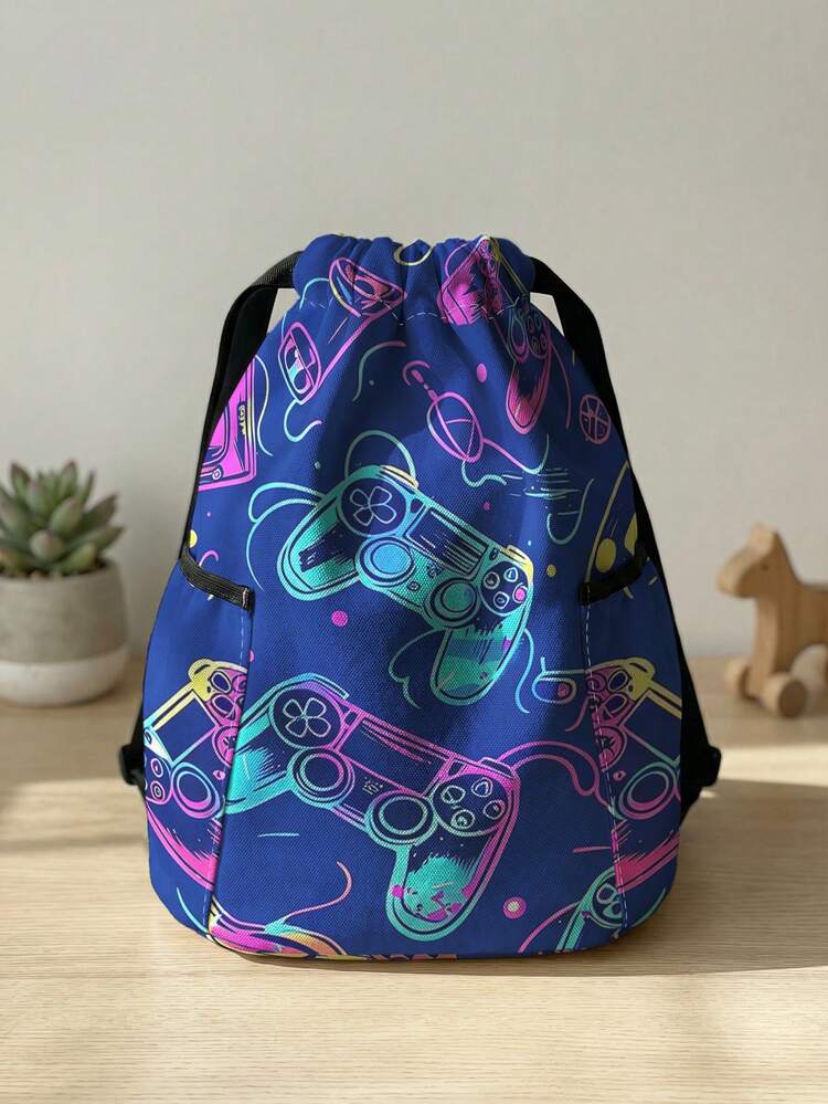 1pc Drawstring Backpack, Multi-Scenario Universal, Extra Large Capacity, Ultra-Lightweight & Portable, Durable, Foldable Storage Bag, Cartoon Game Console Print Pattern Drawstring Fitness Sports Backpack, Dust-Proof Storage, Suitable For Outdoor Travel, Fitness, Daily Commute And School Use - Multicolor - View 1