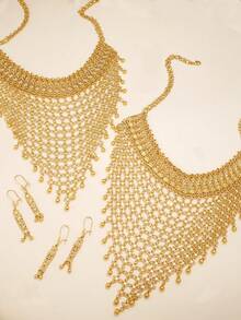 Dubai Luxury Gold Plated Hollow Floral Mesh Tassel Necklace Dangle Earrings Arabian Bridal Wedding Statement Jewelry Set For Women Party Banquet Gifts - Yellow Gold - View 1