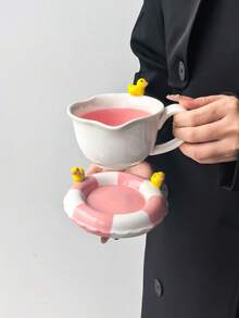 1 Set Summer Pool Duck Ceramic Coffee Cup & Saucer, Ins Style Blue & White Colorblock Embossed Little Yellow Duck Mug, Paired With Blue & White Swim Ring Plate, Personalized Creative, Cute, Gift, Commercial, Artwork - Multicolor - View 9