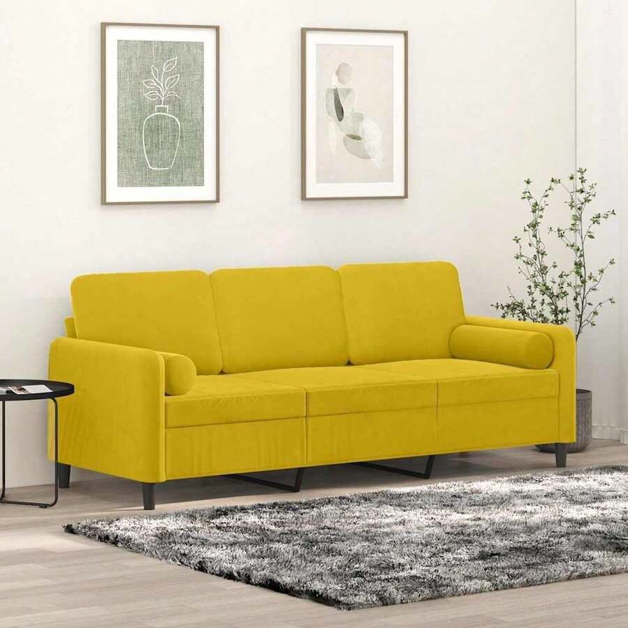 vidaXL 3-Seater Sofa With Yellow Cushions, 180 Cm, Velvet, Furniture For Sofa Bed, Living Room, Couch, Outdoor Sofa, Garden Sofa, Living Room, Terrace - Yellow - View 1