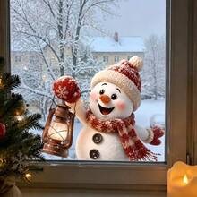 Xmas Window Decor 1/3Pcs Cute Teddy Bear Snowman Reindeer Static Window Stickers, Knit Hat Scarf Design, Reusable No Adhesive Glass Decals, Home Store Holiday Display Decor Gift - Multicolor - View 3