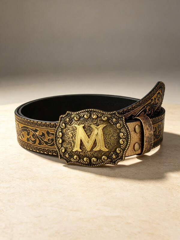 1pc New Vintage Gold Letter Buckle Belt, Scroll Pattern Gold PU Unisex Belt, Suitable For Travel Outfits, Holiday Gift