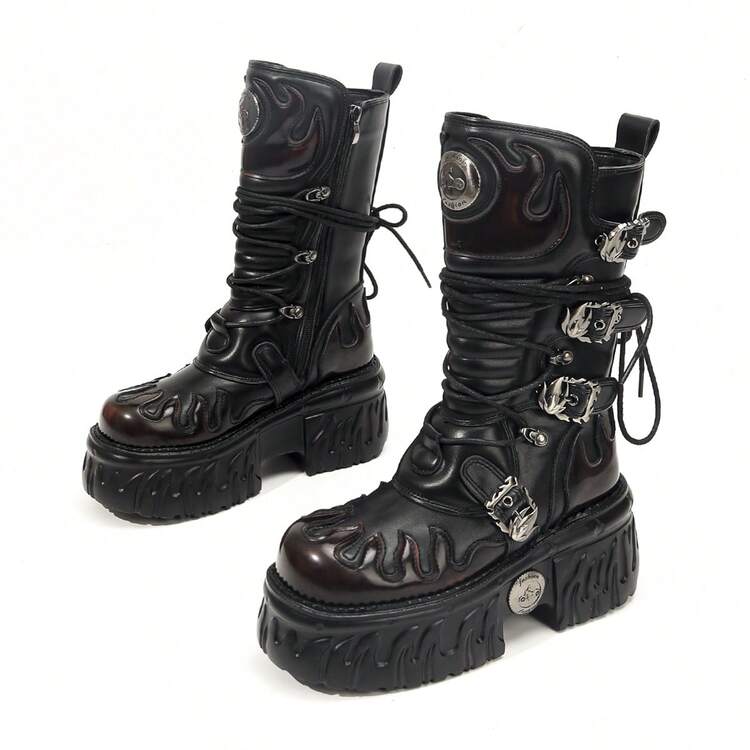 European & American Dark Punk Flame Thick Sole Boots Women Gothic Style Metal Tank Sole Platform Mid-Calf Motorcycle Boots - Black and Red - View 6
