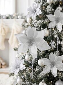 1/10/20/30pcs Shiny Double-Layer Red Poinsettia Artificial Flowers With Clips, 6.7 Inch, Suitable For Christmas Tree, Wreath, Staircase, Fireplace, Window, Coffee Table And Holiday/Wedding Party Decoration, Christmas Gift - Silver - View 6