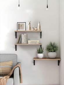 1pc/3pcs Industrial Style Faux Wood Wall Hanging Shelf, Black Iron Triangle Bracket Wall Shelf, Bedroom Study Books & Plants Multi-Layer Display Storage Rack - Multicolor - View 7
