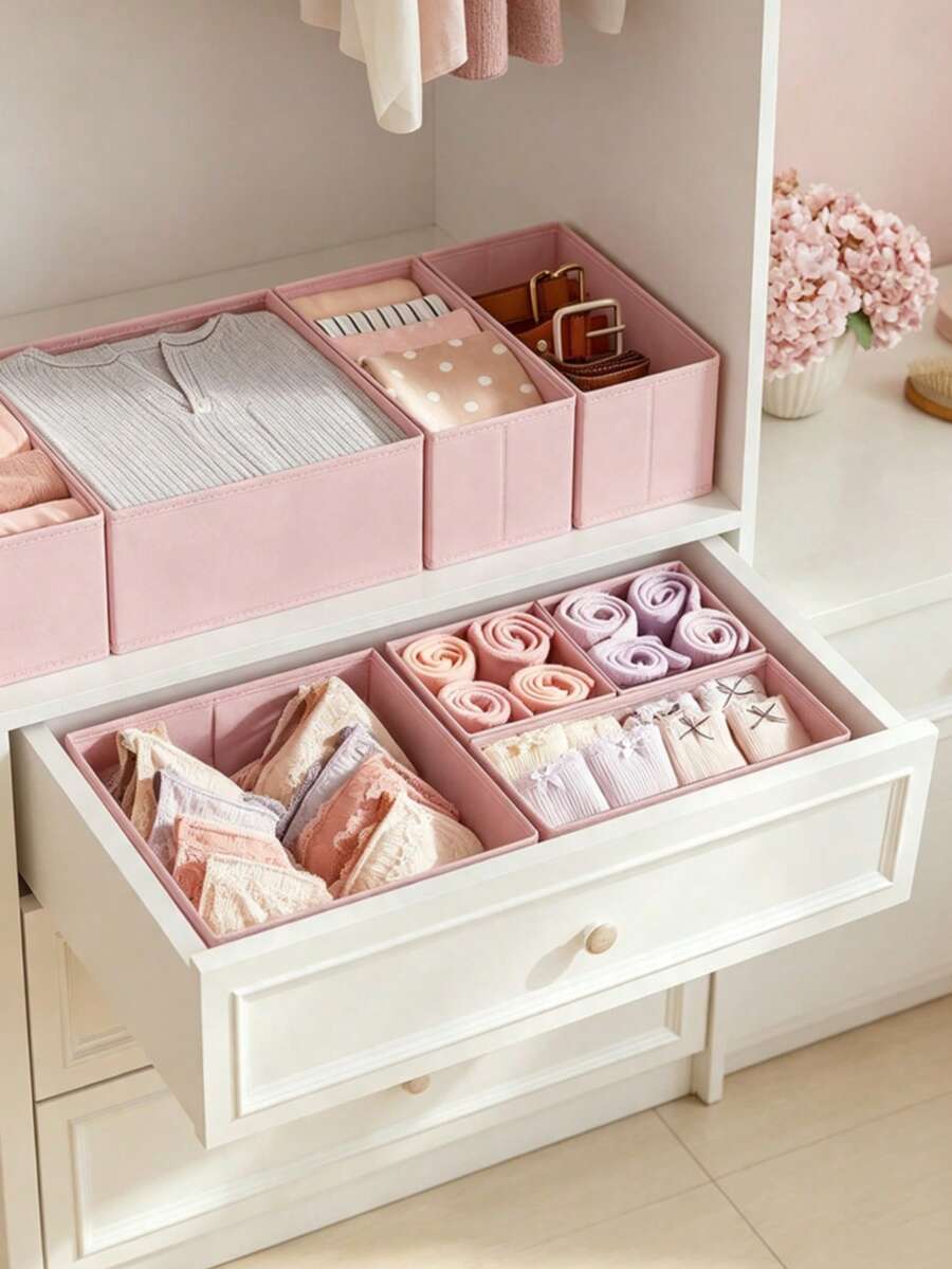 Pink Foldable Lidless Underwear Storage Box, Suitable For Wardrobe, Dress, Drawer Divider, Also As Underwear And Cosmetics Storage Basket, Applicable For Home, Room, Autumn Bedroom Decor, Holiday Bedroom Decor