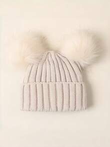 1pc Solid Color Double Pom-Pom Design Children's Knitted Hat, Autumn/Winter Woolen Beanie - 1PC - View 9