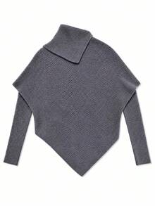Sweater Rajut Longgar Wanita Warna Abu-abu dengan Kerah Asimetris Bergaris Diagonal dan Hem Asimetris, Atasan Rajut Desain Avant-Garde, Cocok untuk Pesta Fashion Gaya Jalanan - Dark Grey - View 4
