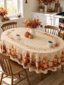 1pc Autumn Pumpkin Coffee Round Tablecloth, Polyester Circular Table Cover With Maple Leaves, Cinnamon, Latte Mug And Harvest Floral Border, Rustic Farmhouse Dining Table Decoration For Kitchen, Thanksgiving Dinner, Fall Party And Seasonal Home Decor - Multicolor - View 2