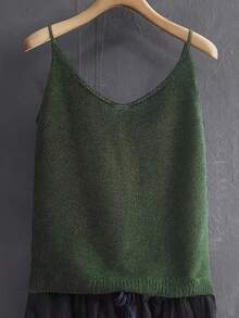 Korean Style Minimalist Solid Color Hollow Knit Camisole Top, Loose Fit Wavy Hem, Casual Commute Versatile Pullover Sweater Vest For Women - Green - View 3