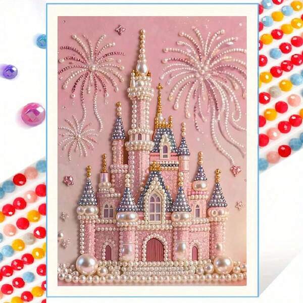 1pc New Pearl Painting Set, Pink Castle Sparkling Theme Made Of Pearls, Frameless Craft, Perfect For Bedroom Decor, Living Room Wall Art, Room Accent Art Decoration. A Perfect Gift For Friends And Family.
