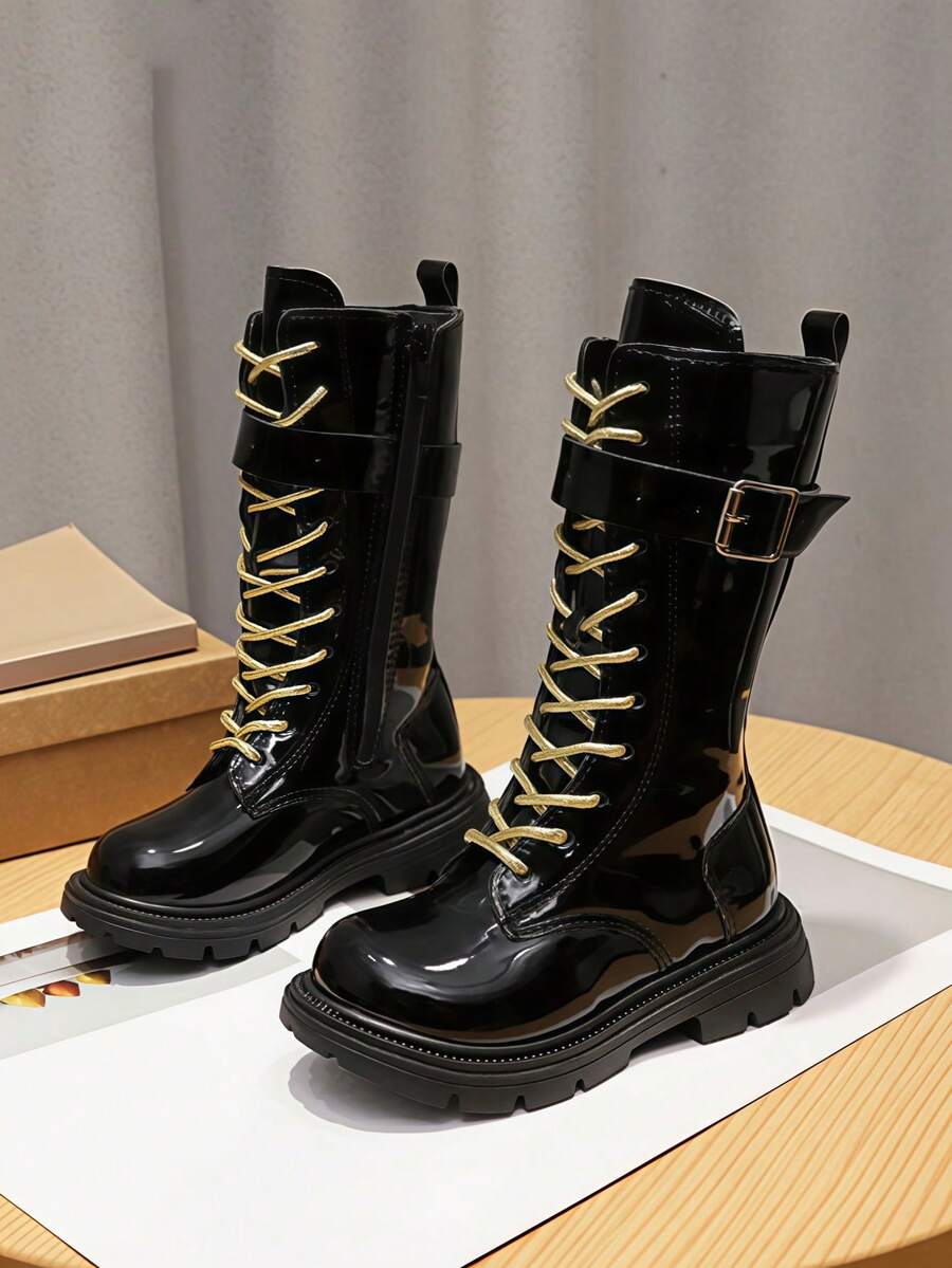 Girls' Long Boots, Autumn/Winter New Style, Children's High-Top Boots, Thick Sole Motorcycle Boots With Side Zipper, Street Rider Boots, Toddler Boots - Black - View 1